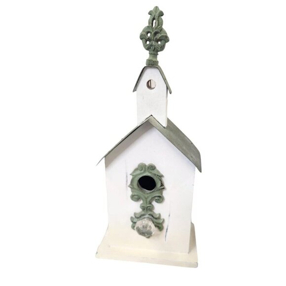 Charming Decorative Wooden Birdhouse With Distressed White & Green Finish Embell - Picture 1 of 7
